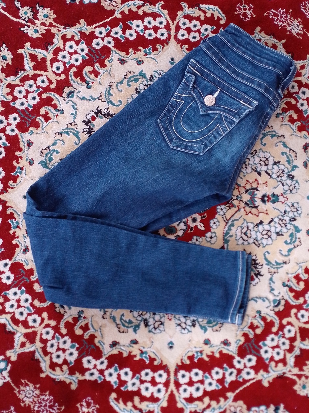 True Religion Denim Skinny Jeans Dark Blue Indigo White Stitch Section Leggings